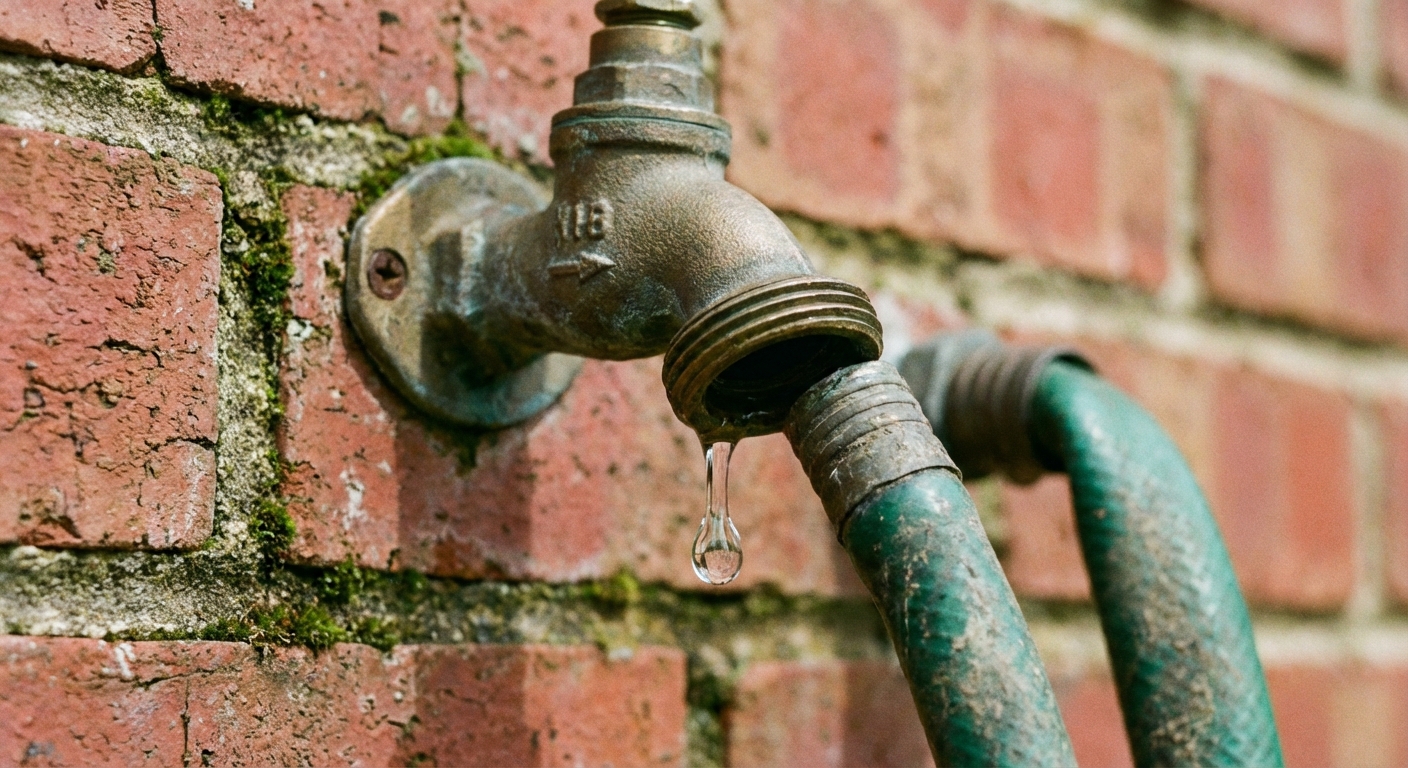 A close-up, real photograph of an outdoor hose bib on a brick wall with a garden hose attached, a visible droplet forming at the spout in natural daylight