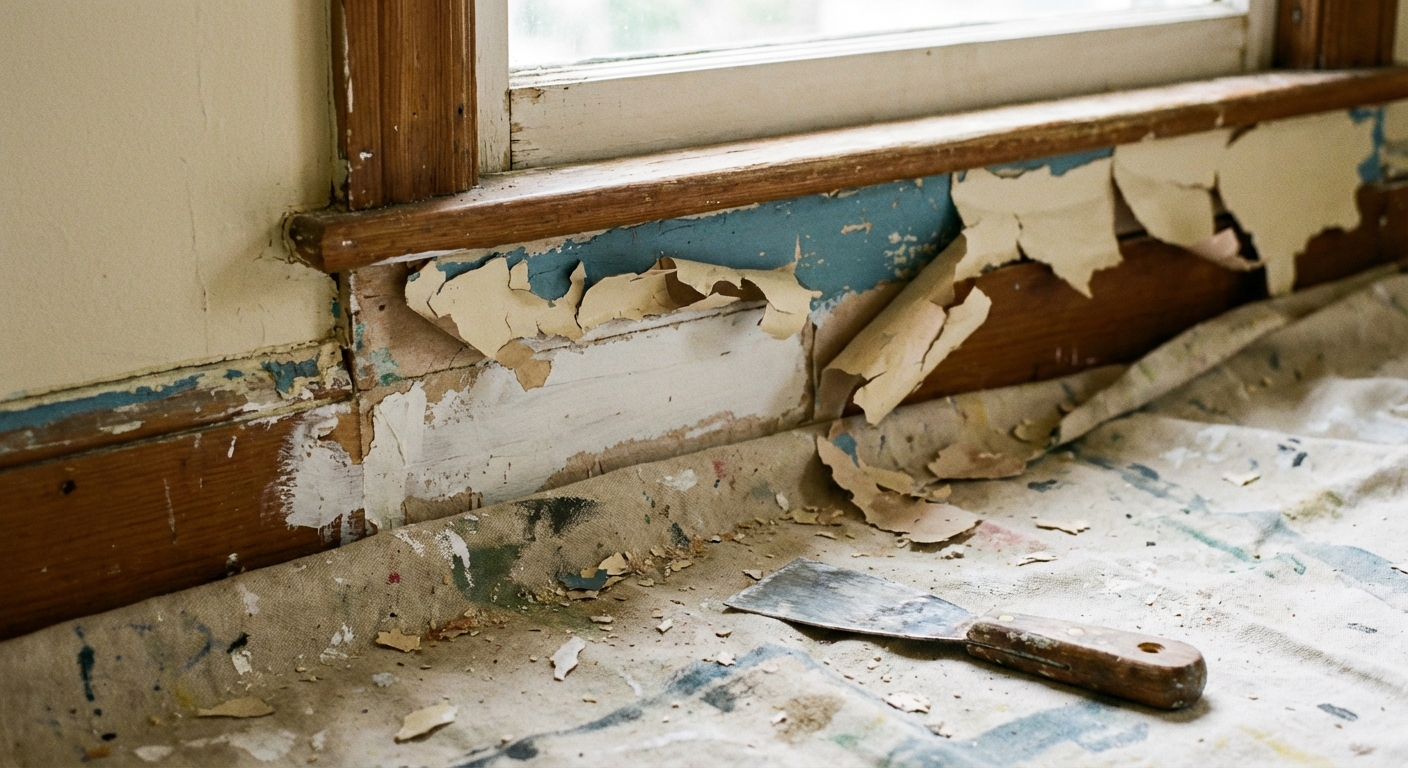 A close-up real photograph of interior wall paint peeling in curls near a window trim, with exposed primer and a putty knife resting on a drop cloth below, natural daylight