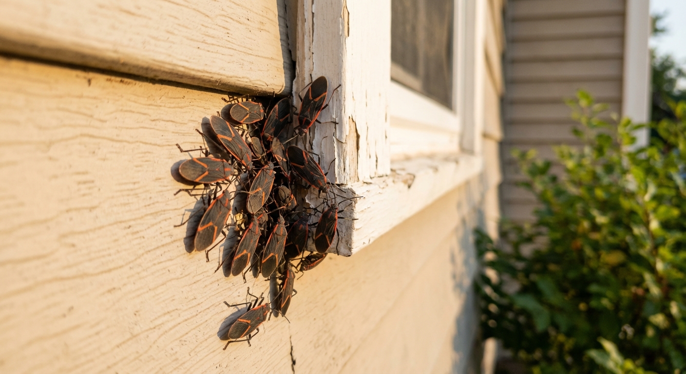 A close-up real photograph of several black-and-red boxelder bugs clustered on sun-warmed light-colored house siding near a window corner, shallow depth of field