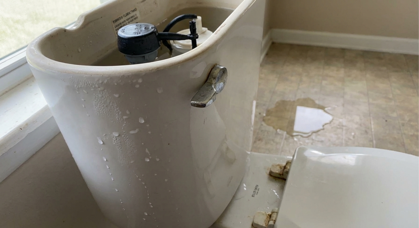 A close-up, realistic photo of a standard white toilet with the tank lid removed, showing water droplets and a small puddle on the bathroom floor behind the toilet near the tank bolts, natural bathroom lighting