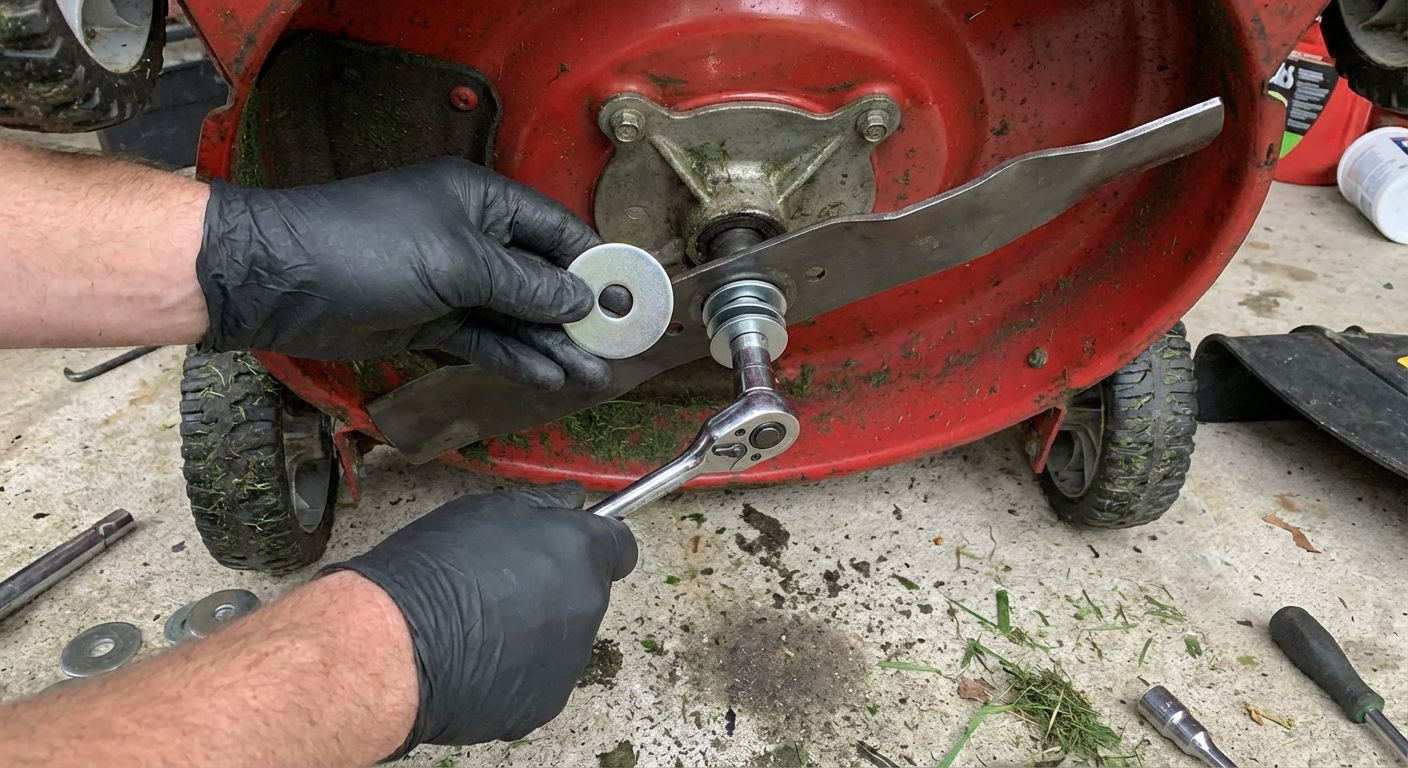 A close-up realistic photo of hands holding a mower blade against the mower deck while aligning the center hole and washers before tightening the bolt with a socket wrench