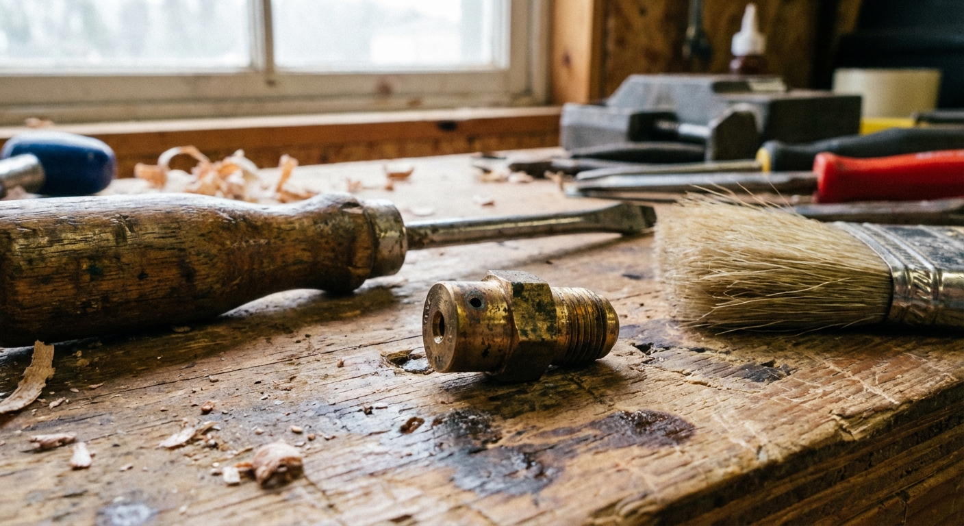 A close-up realistic photograph of a small brass gas pilot orifice fitting resting on a workbench next to a screwdriver and a soft brush, natural workshop lighting