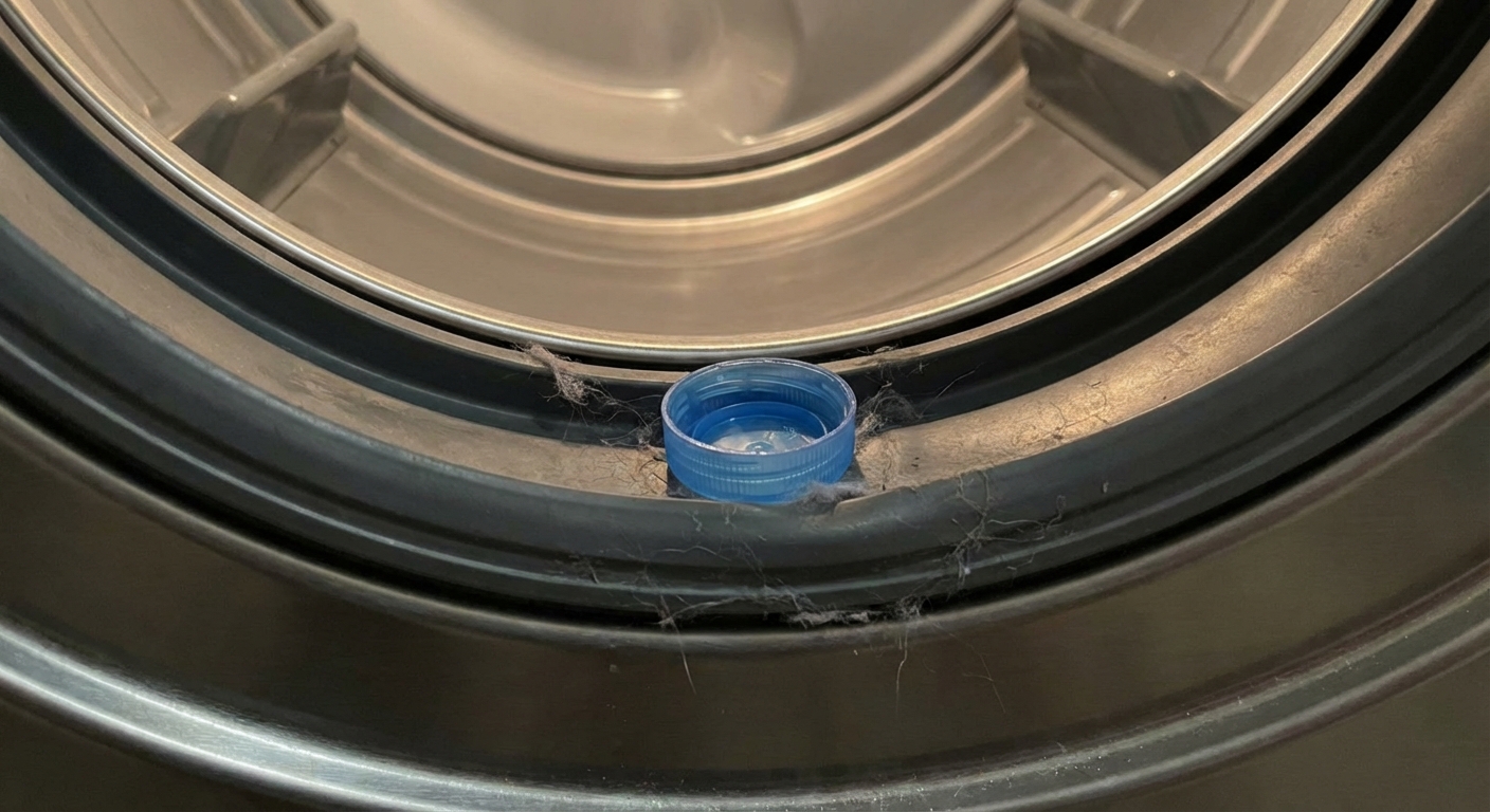 A close-up view inside a dryer drum with a small plastic item wedged near the front drum seal area, realistic indoor photo