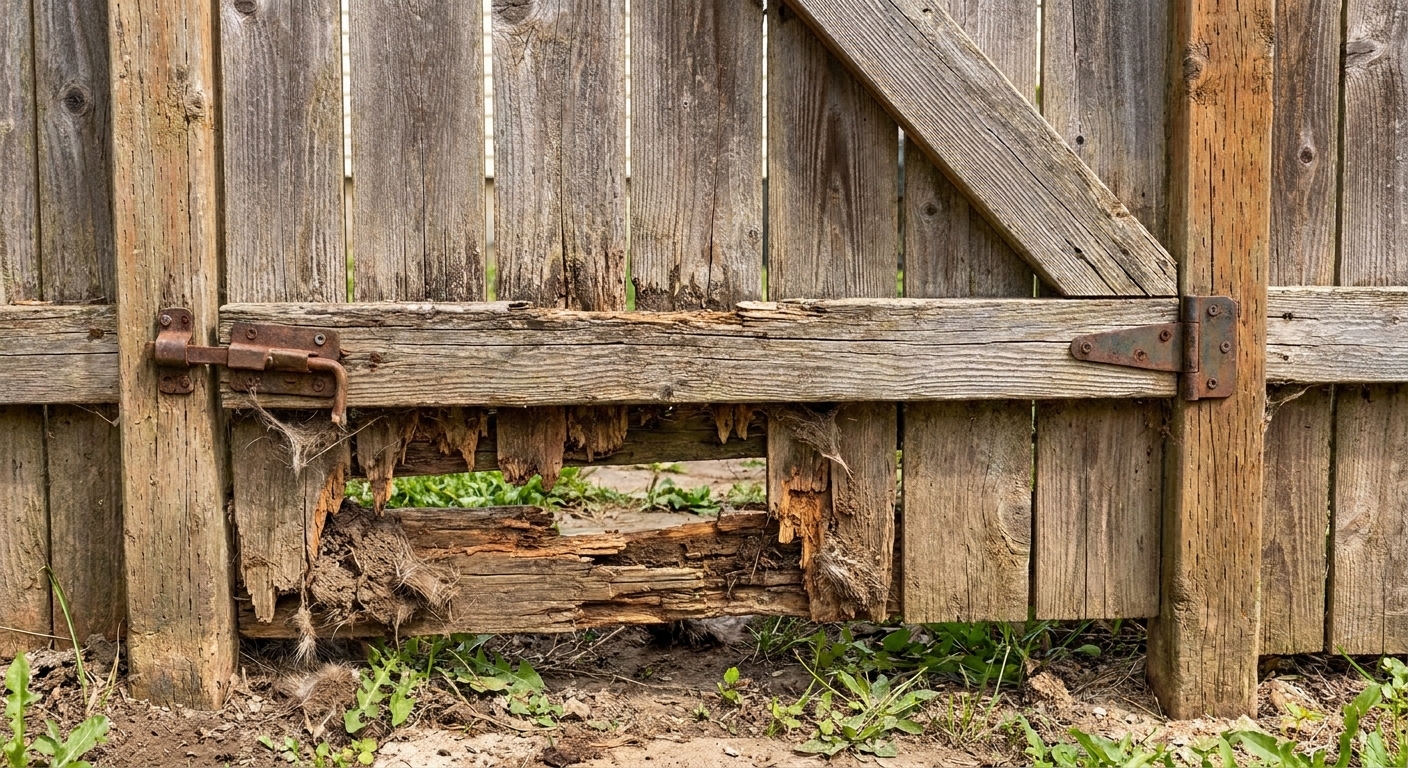A close view of a wooden backyard gate with a visible gap at the bottom where an animal could slip under, realistic home maintenance photo