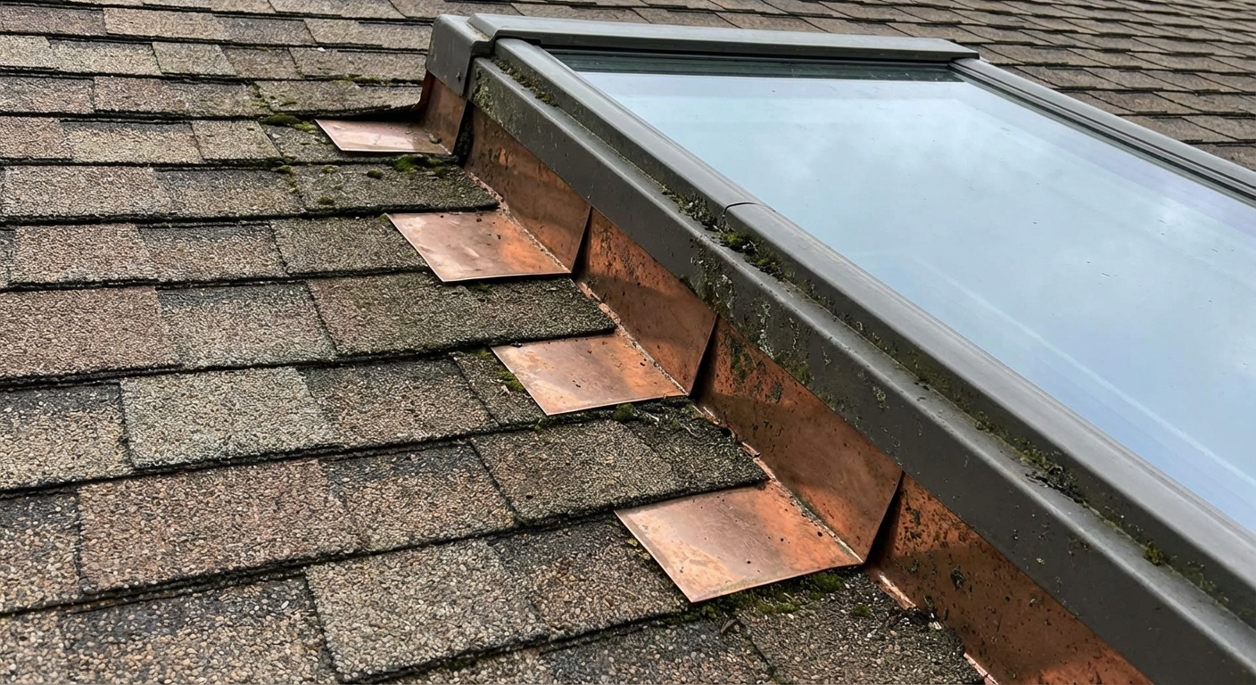 A close view of an asphalt shingle roof with a skylight, showing step flashing pieces layered correctly along the skylight side