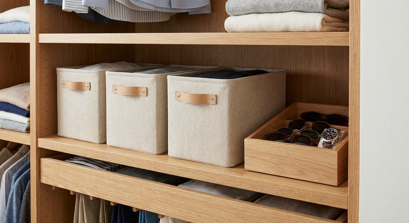 A closet shelf with three matching fabric storage bins and a small open bin holding sunglasses and a watch