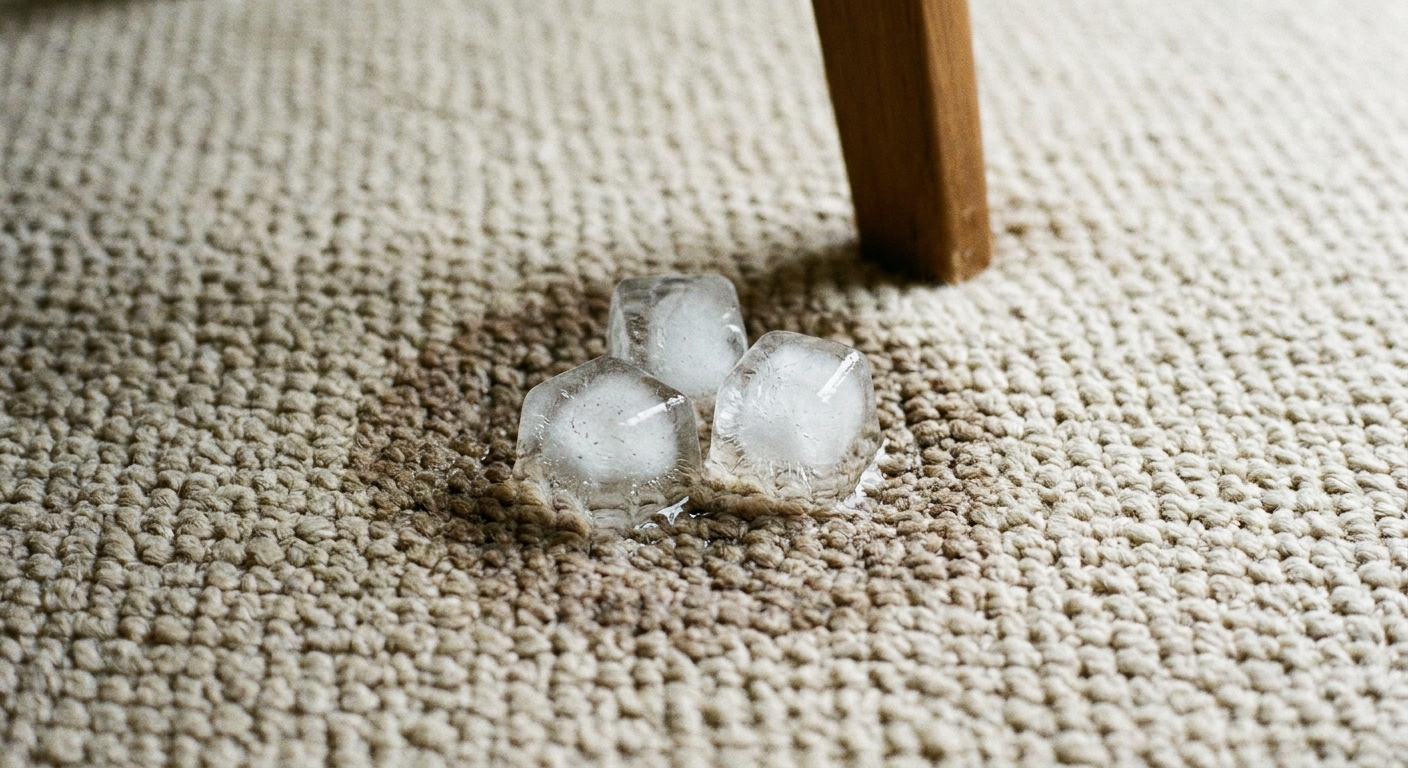 A closeup photo of a few ice cubes sitting in a carpet dent near a chair leg, showing melting water soaking into the fibers