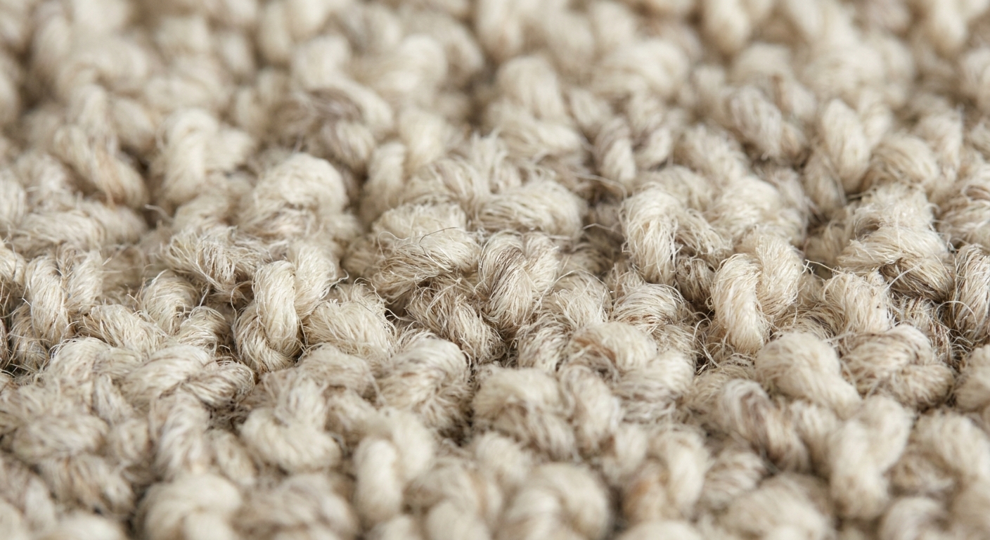 A closeup real photo of loop pile Berber carpet texture in a neutral color under soft indoor lighting