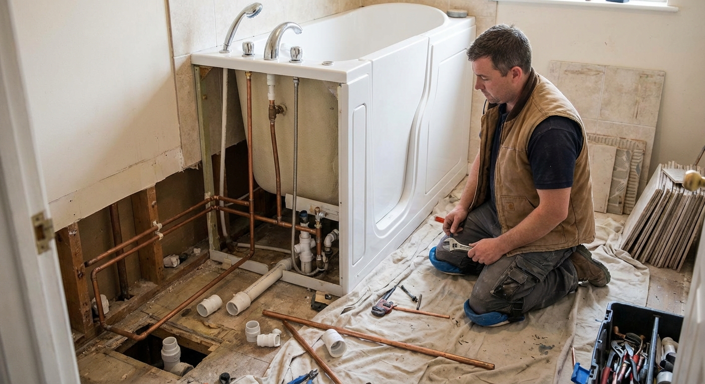 A contractor kneeling beside a partially installed walk-in bathtub with exposed plumbing connections in a residential bathroom renovation, realistic documentary-style photo