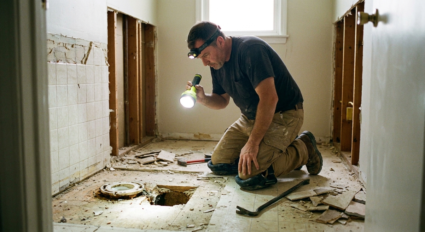 A contractor kneeling on a bathroom floor with a flashlight, inspecting a section of subfloor near a toilet opening during renovation