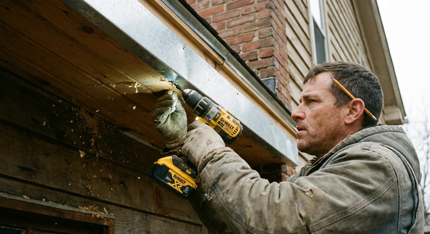A contractor using a cordless drill to fasten metal flashing along a soffit edge on a house exterior, close-up real renovation photography style