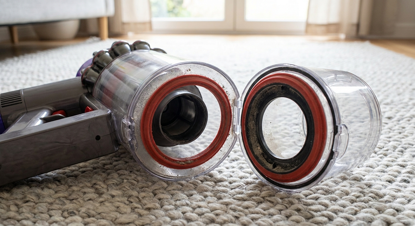 A cordless stick vacuum on a living room rug with the dust cup removed, showing the rubber gasket around the bin opening in close detail