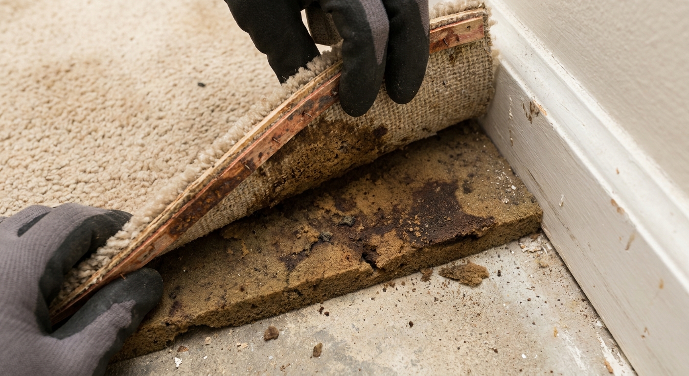 A corner of carpet pulled back to reveal a discolored carpet pad underneath near a baseboard, real photo