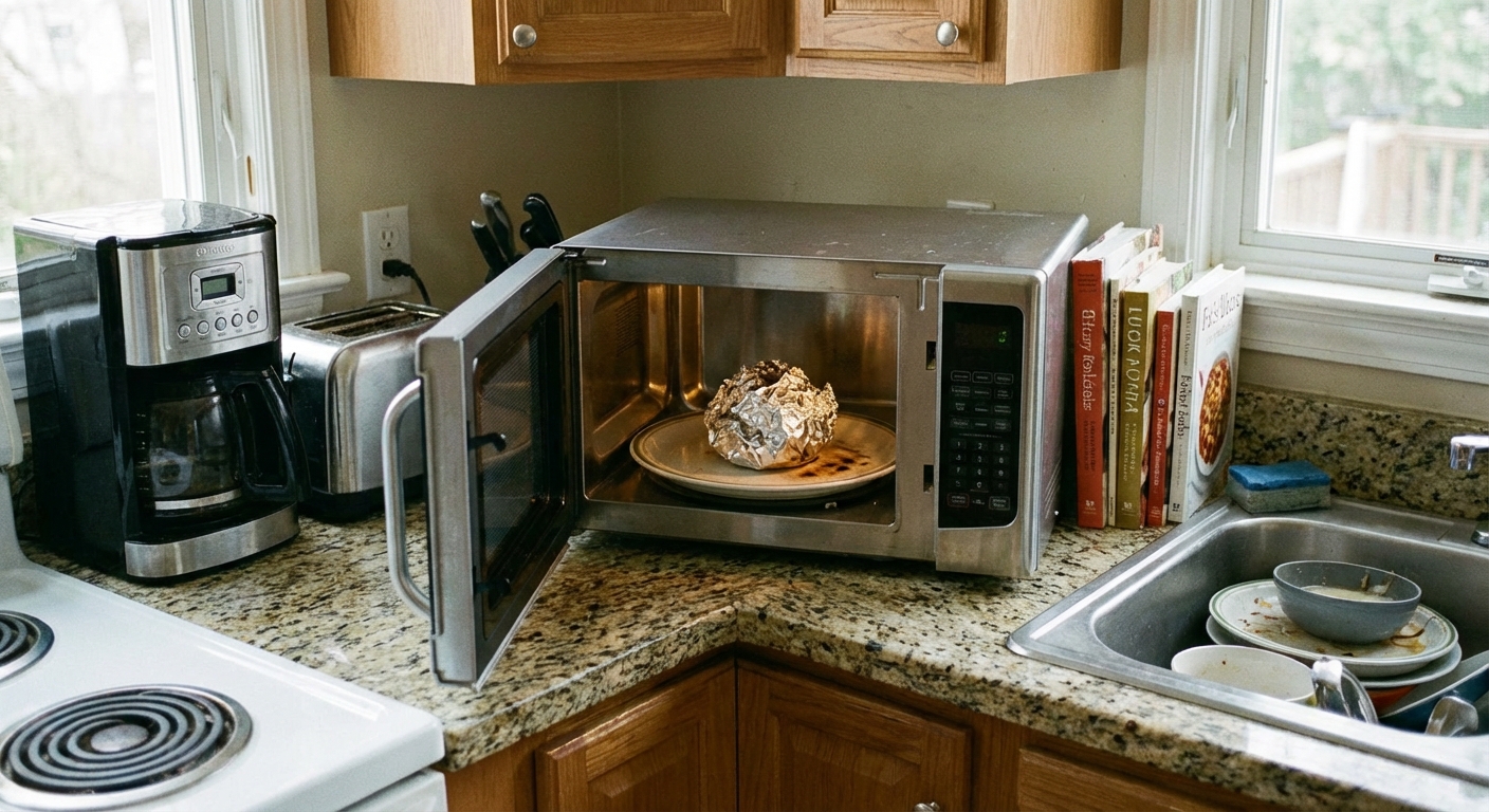 A countertop microwave with the door open and a crumpled piece of aluminum foil sitting on a ceramic plate inside, realistic kitchen setting