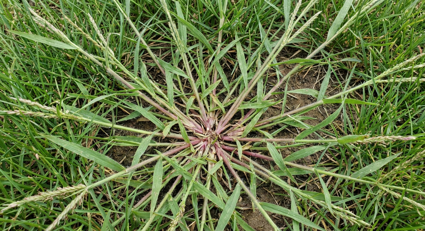 A crabgrass plant growing low in a lawn with coarse blades and stems radiating outward from a central point
