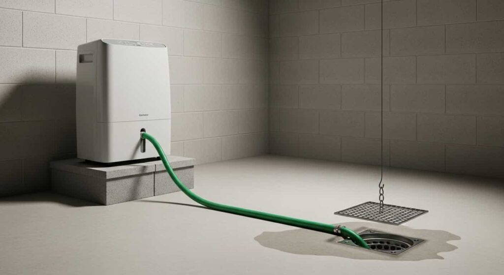 A dehumidifier connected to a clear drain hose running downhill into a basement floor drain, real photo