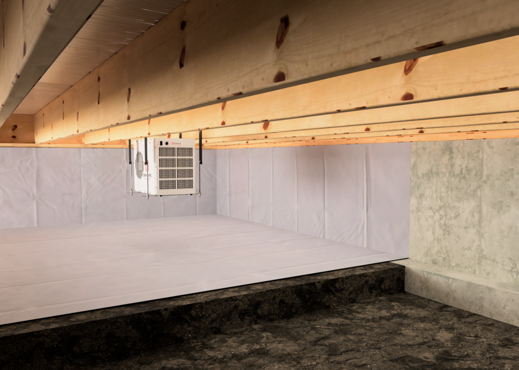 A dehumidifier sitting on a cool concrete basement floor near a wall, with a small thermometer on a shelf in the background, real photo