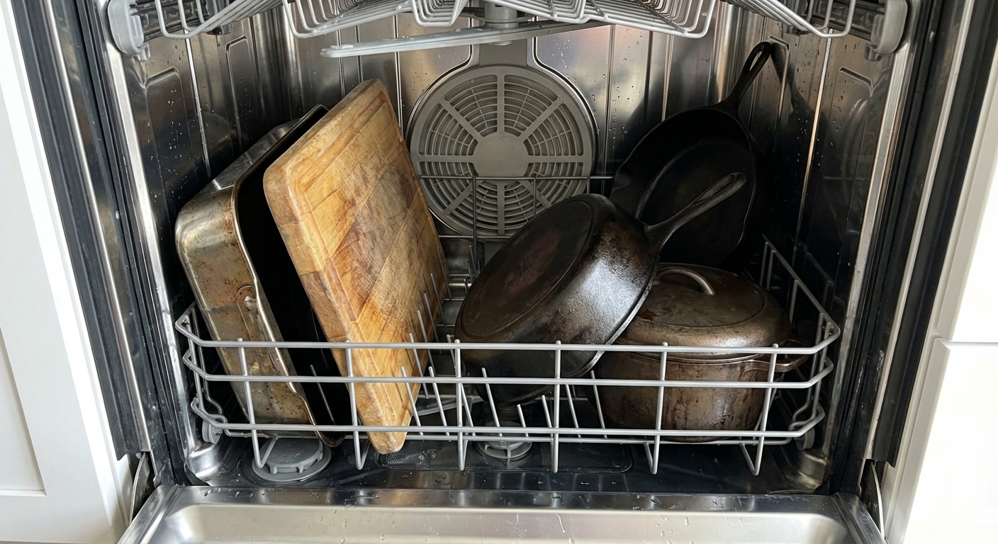 A dishwasher lower rack loaded with large pans and a cutting board positioned near the interior vent area