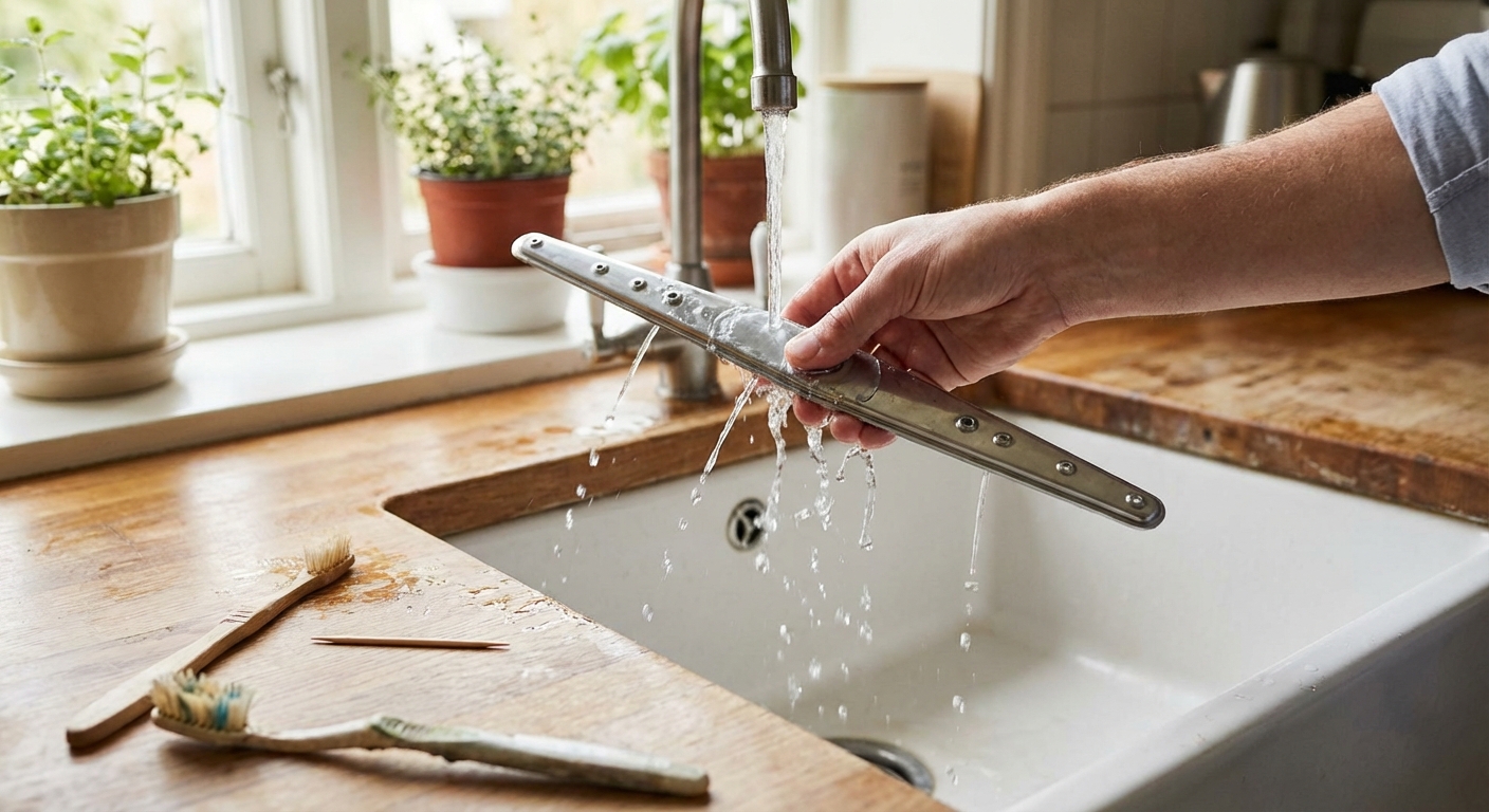 A dishwasher spray arm held over a kitchen sink while water runs through it, with a toothpick and toothbrush on the counter, natural light photo