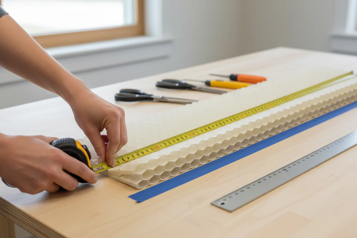 A drill, level, tape measure, pencil, and small drill bits laid out on a workbench next to cellular shade mounting brackets and screws