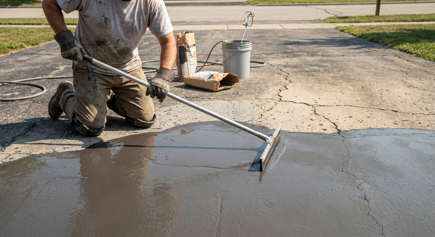 A driveway with a squeegee spreading a wet concrete resurfacer in a smooth layer