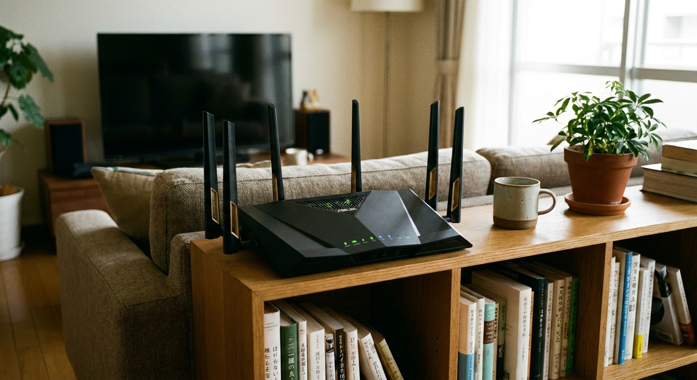A dual-band Wi-Fi router sitting on an open shelf in a living room with visible indicator lights, real home photo