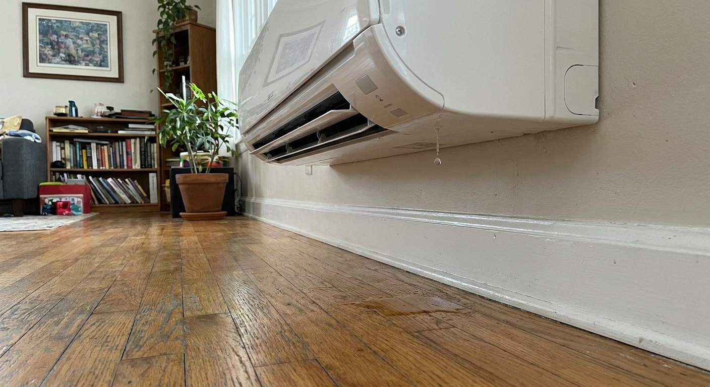 A ductless mini-split indoor wall unit with a small drip of water forming along the bottom edge above a hardwood floor in a lived-in home