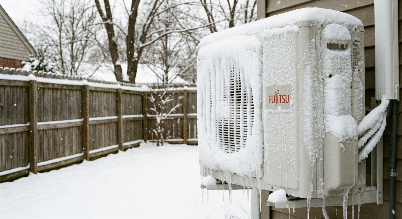 A ductless mini-split outdoor condenser unit in winter with visible frost buildup on the coil, photographed in a backyard