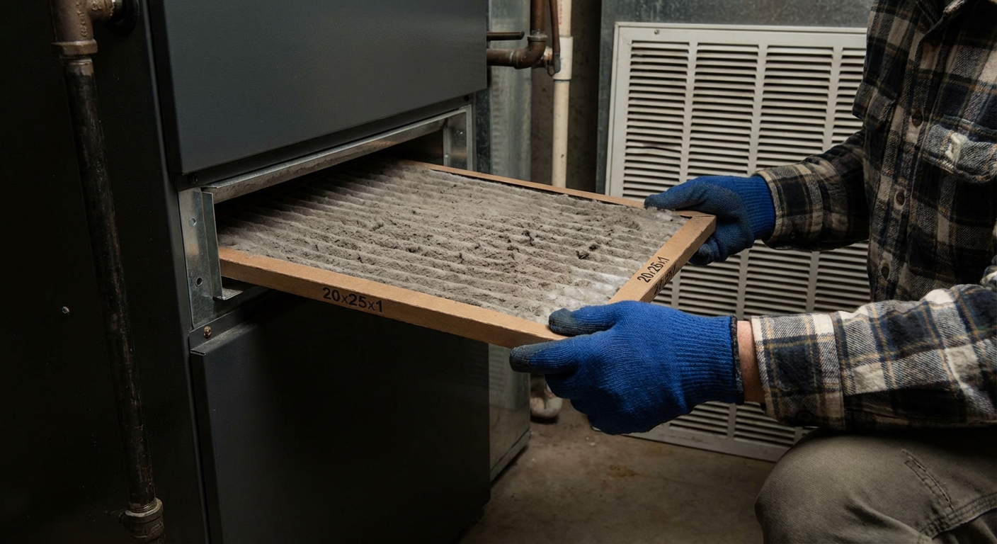 A dusty used furnace filter being pulled out of a filter slot by a homeowner wearing work gloves