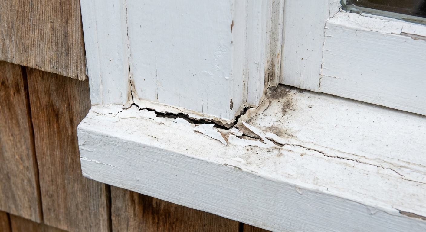 A failed exterior caulk joint along window trim where a small crack has opened between trim and siding