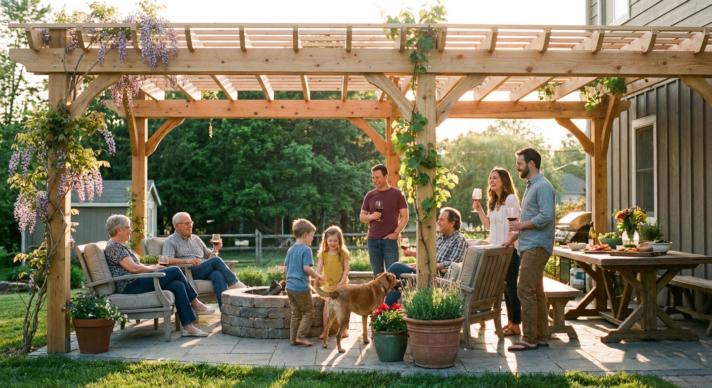 A family patio scene under a newly built wooden pergola in late afternoon light