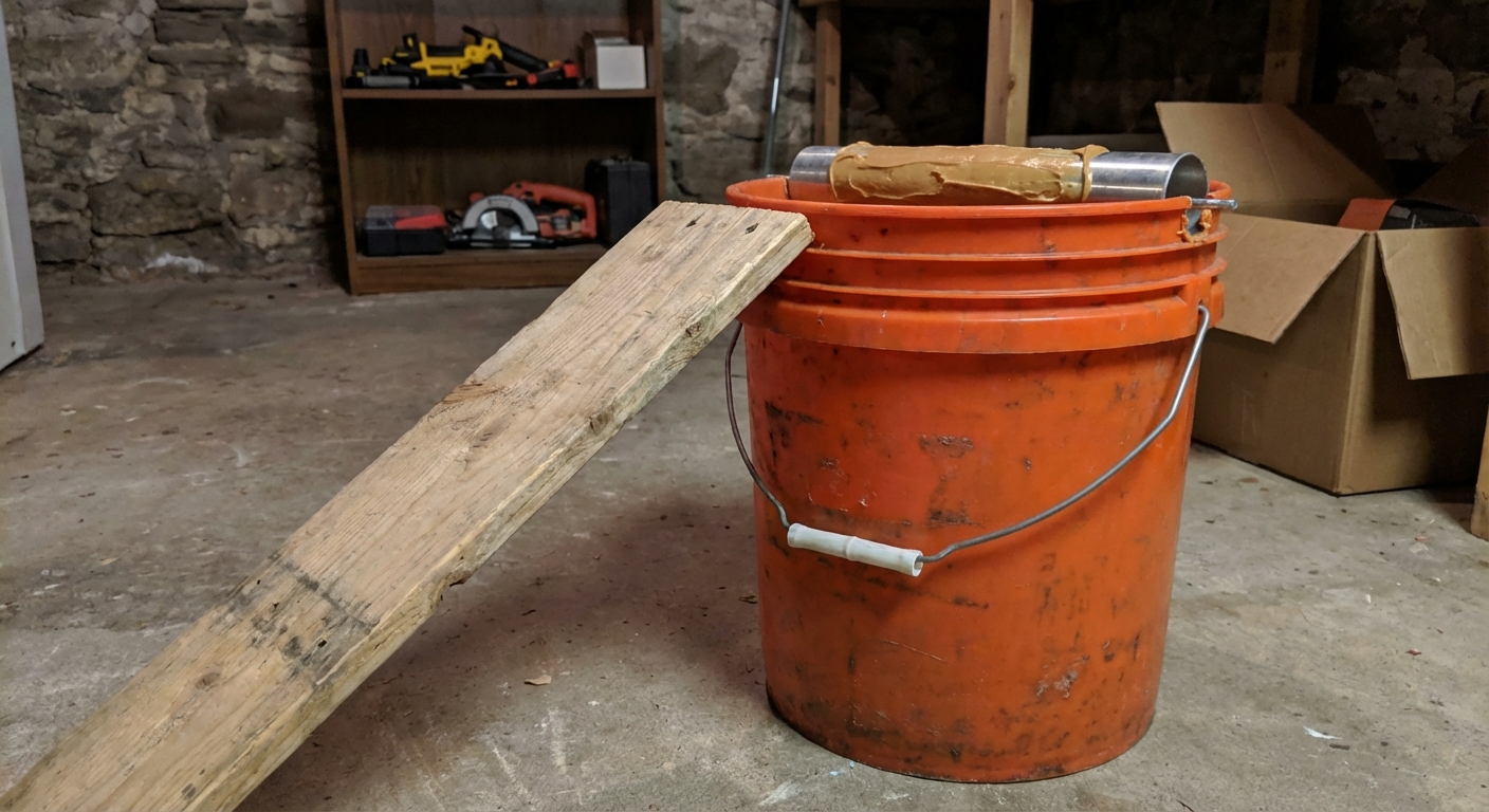 A five gallon bucket trap setup in a basement with a wooden ramp leading up to the rim and a rolling bait cylinder over the bucket opening, photorealistic