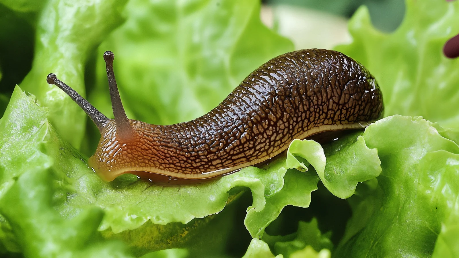 A flashlight beam aimed at lettuce at night, revealing a slug on damp soil near the leaves