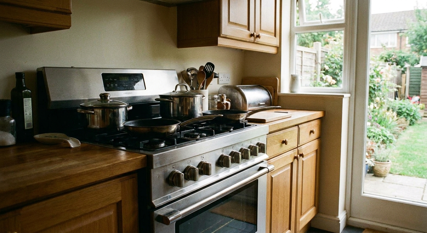 A freestanding kitchen range with a completely dark control panel display and unlit indicator lights, photographed in a normal home kitchen