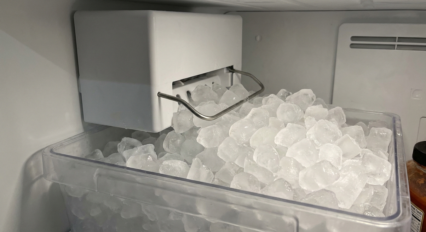 A freezer ice maker with a metal shutoff arm pressed down by piled ice cubes in the bin
