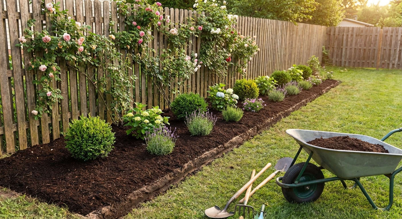 A freshly edged garden bed with dark mulch and small shrubs along a backyard fence
