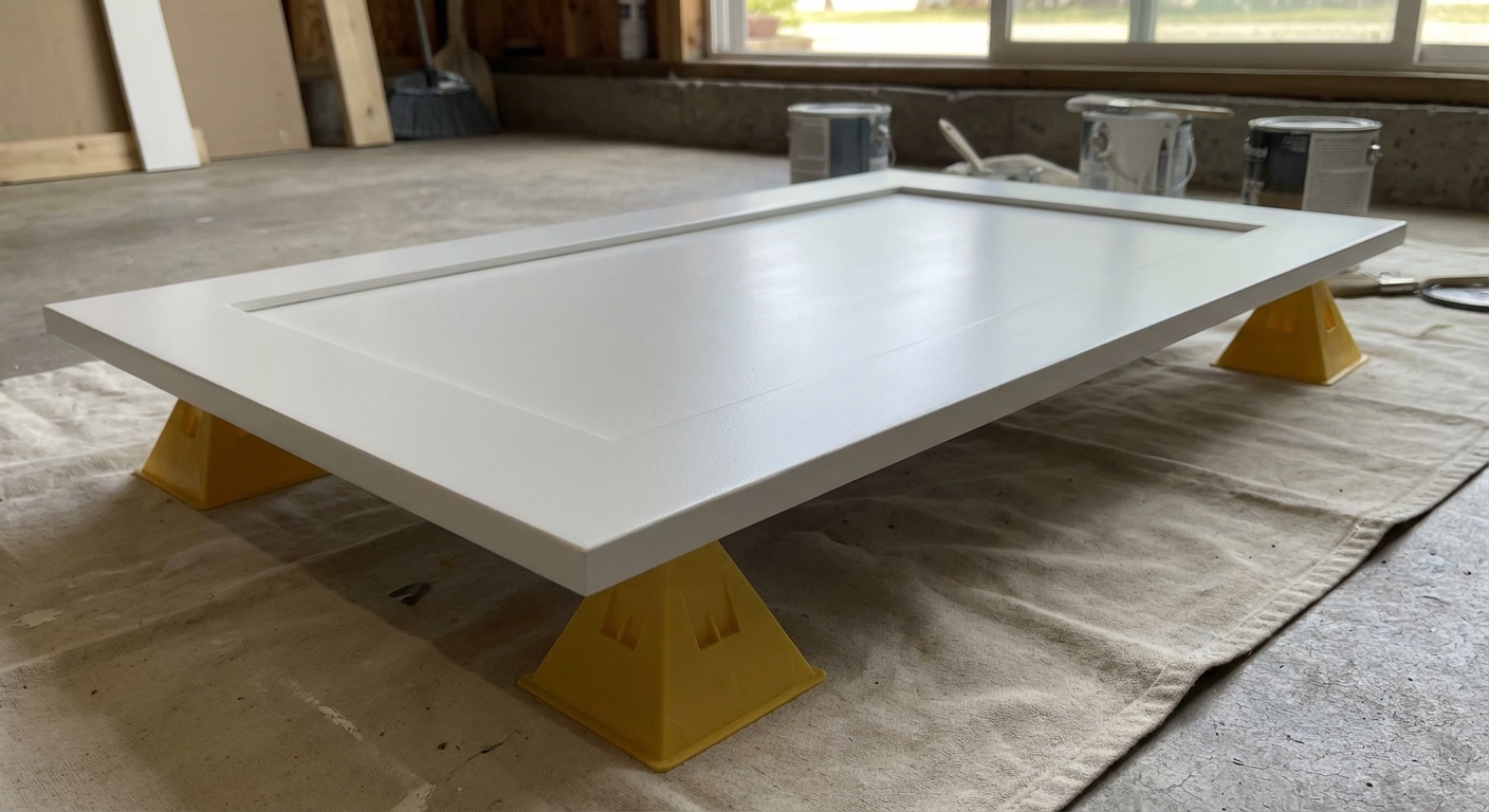 A freshly painted white cabinet door drying on painter pyramids with a smooth satin sheen