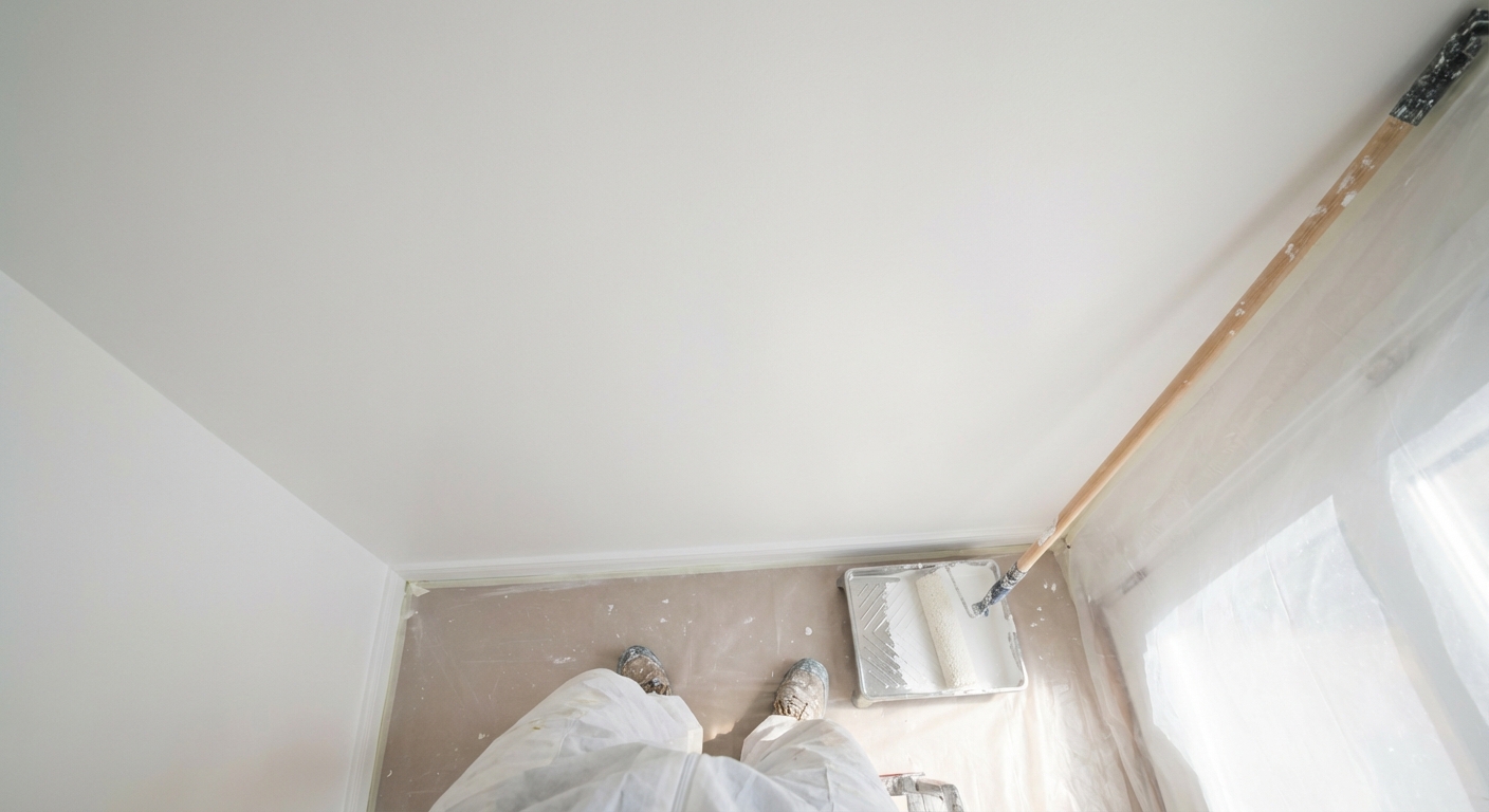 A freshly smoothed and painted white ceiling in a bright room with a roller and paint tray on the floor
