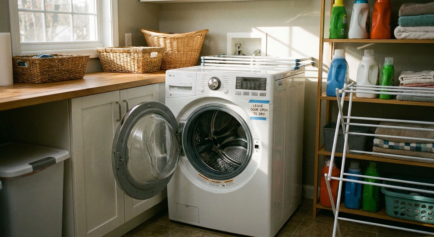 A front-load washer in a laundry room with the door left slightly open to air-dry after a wash cycle