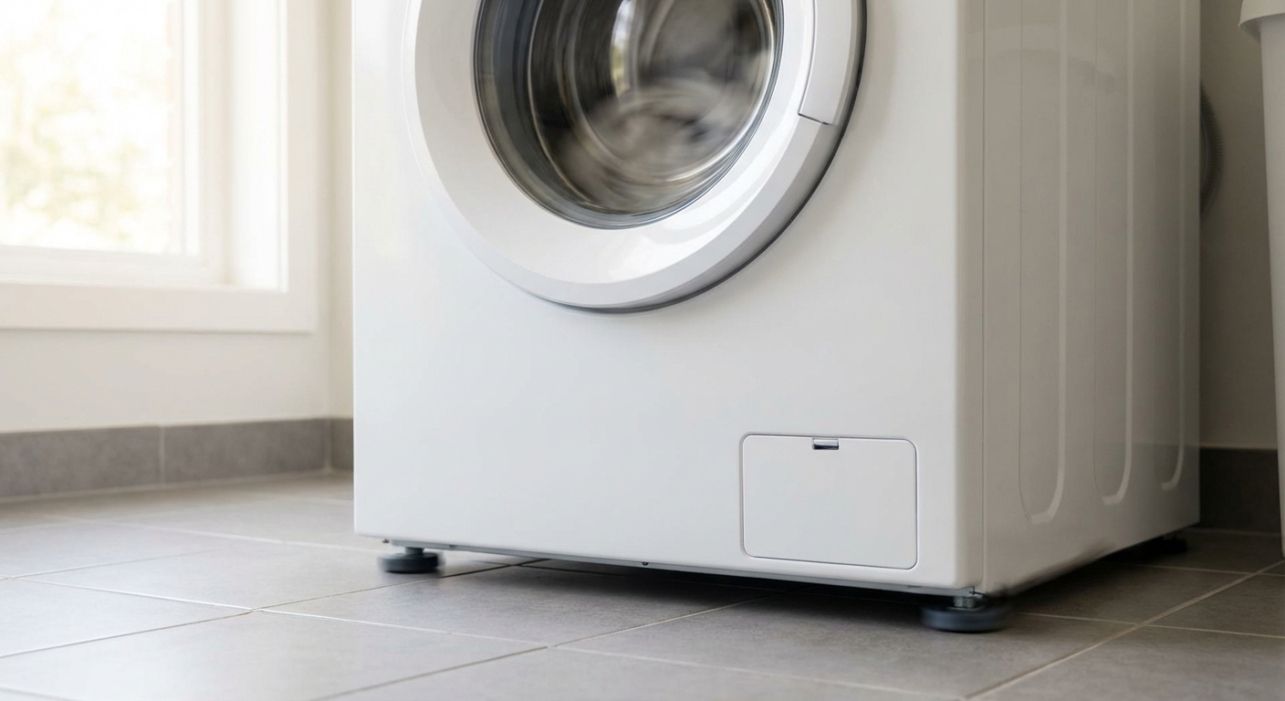 A front-load washing machine on a laundry room floor vibrating during a spin cycle, with a small gap visible between the washer feet and the tile, natural indoor light, photorealistic