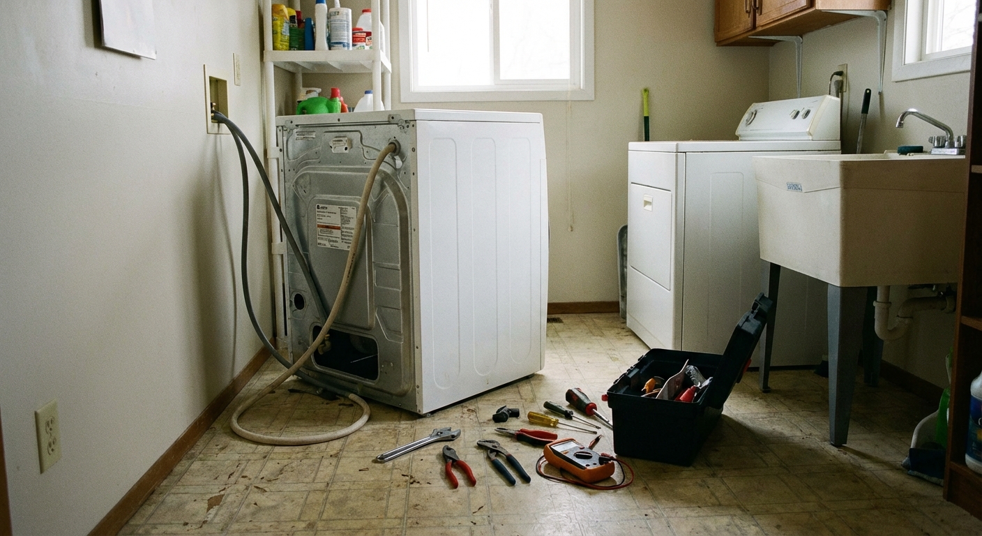 A front-load washing machine pulled slightly away from the wall in a home laundry room, with basic hand tools on the floor nearby, real photo