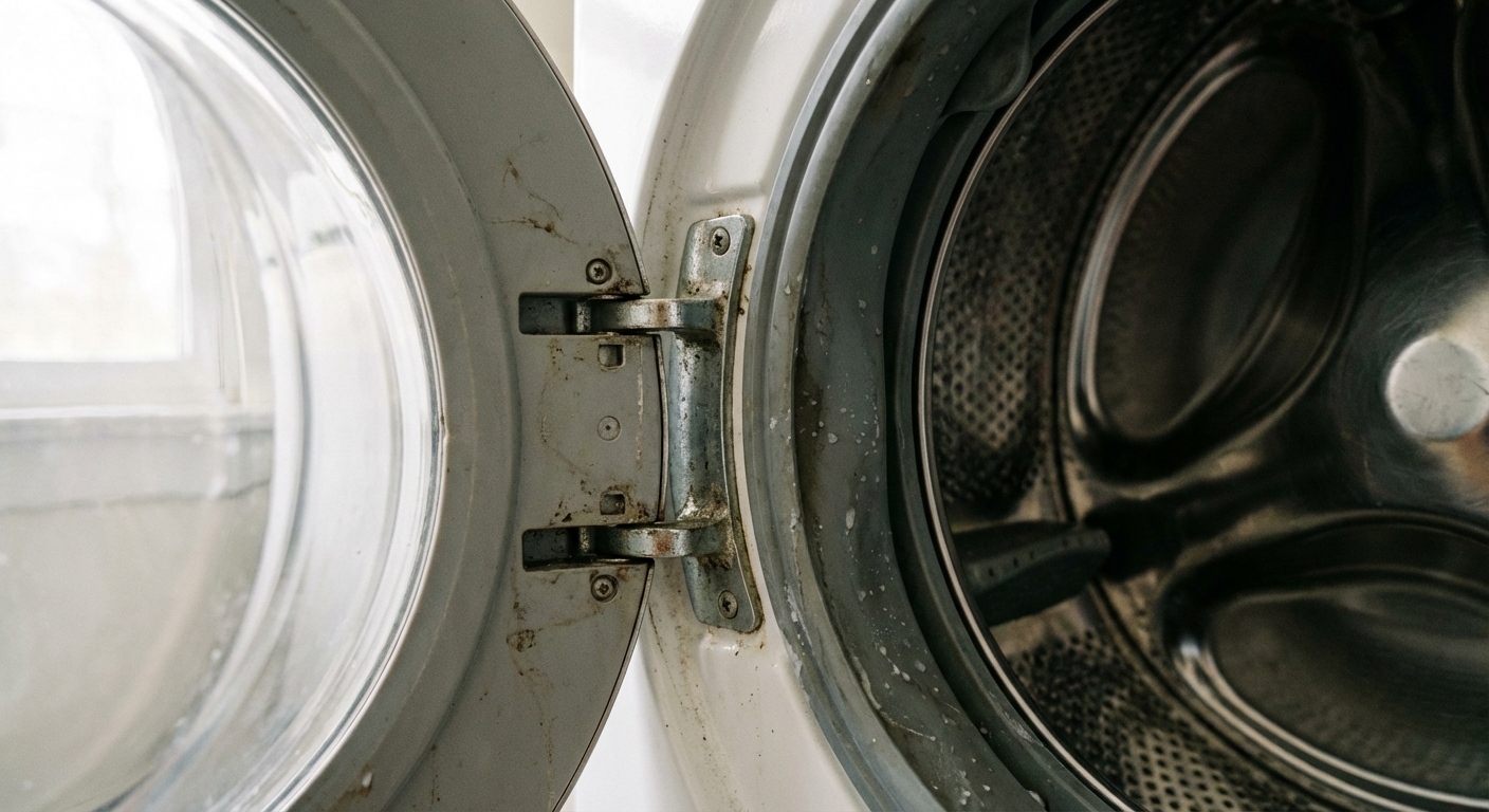 A front-load washing machine with the door open, showing the door latch area and rubber gasket, close-up, photorealistic