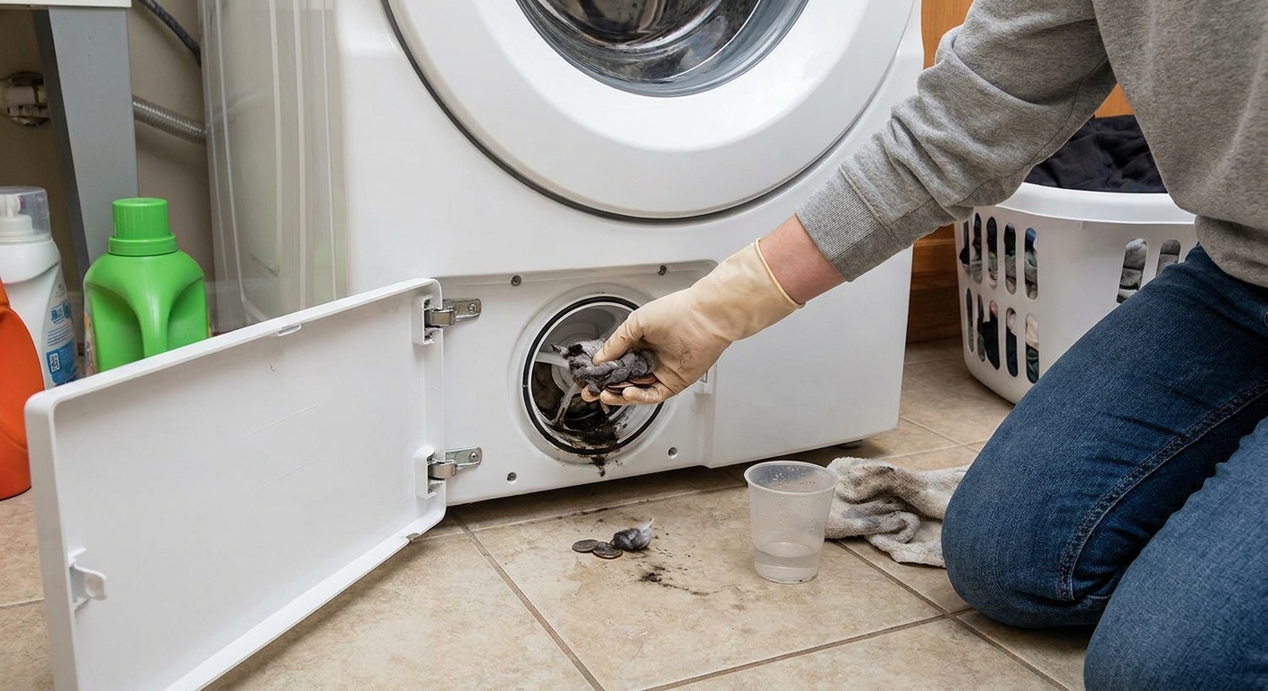A front-load washing machine with the lower filter access open and a homeowner hand removing debris from the drain pump filter, real photo