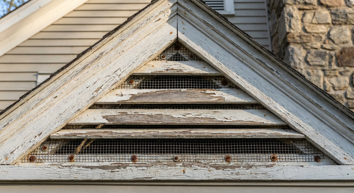 A gable vent with intact metal mesh screening fastened securely behind the vent slats