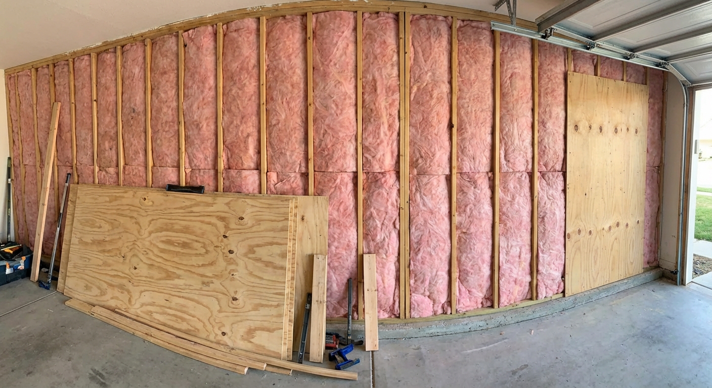 A garage wall in progress with insulation installed between studs and plywood panels ready to be mounted