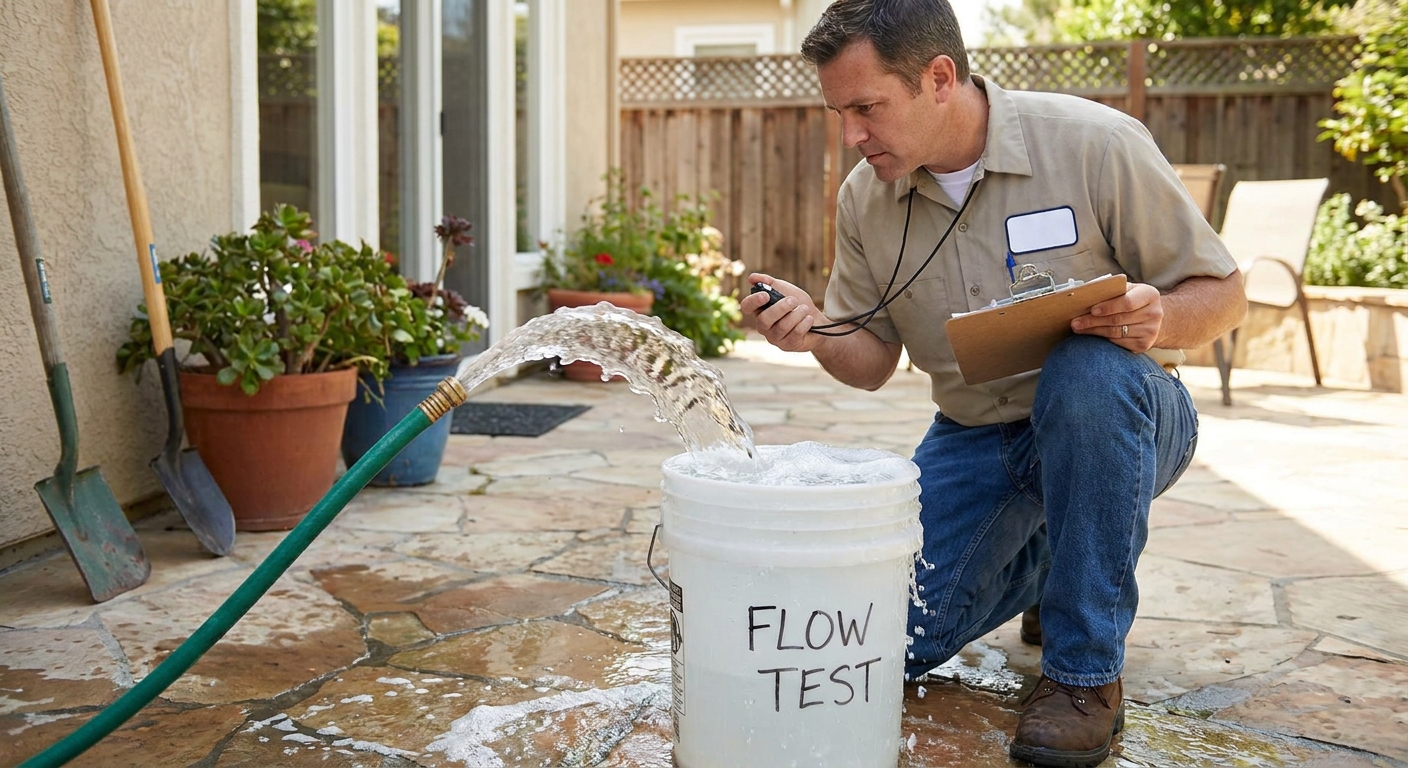 A garden hose running full blast into a five gallon bucket on a patio with water visibly filling, showing a homeowner performing a flow test in outdoor daylight