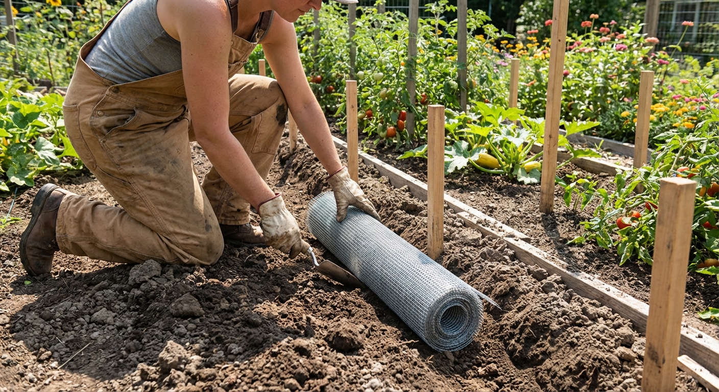 A gardener installing hardware cloth fencing by placing the mesh into a narrow trench along a garden perimeter, realistic photo