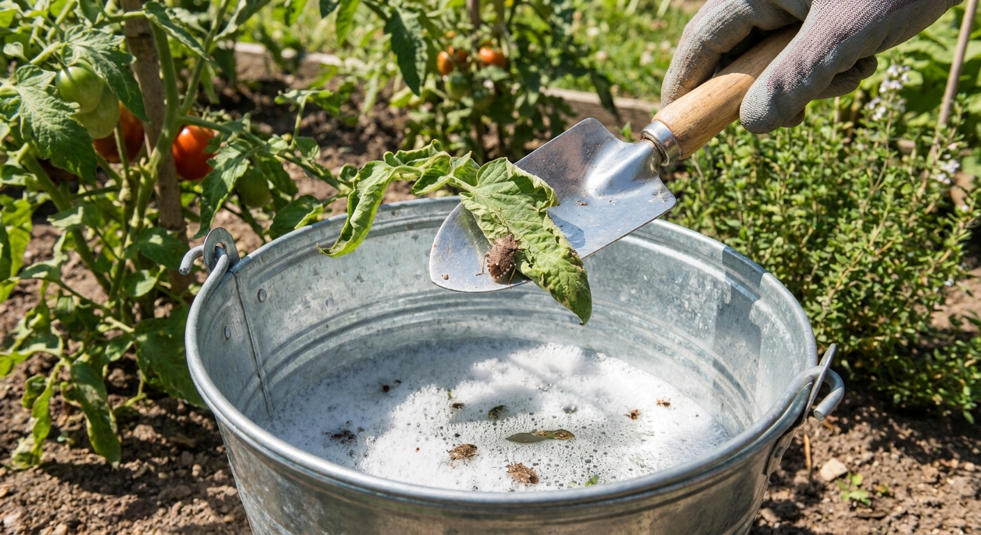 A gardener tipping a stink bug off a tomato leaf into a bucket of soapy water