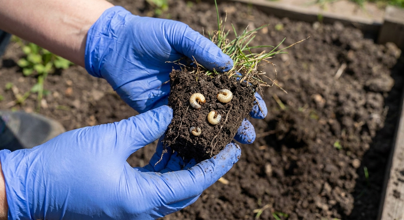 A gardener wearing nitrile gloves holding a small plug of lawn soil with several curled C-shaped white grubs visible in the dirt