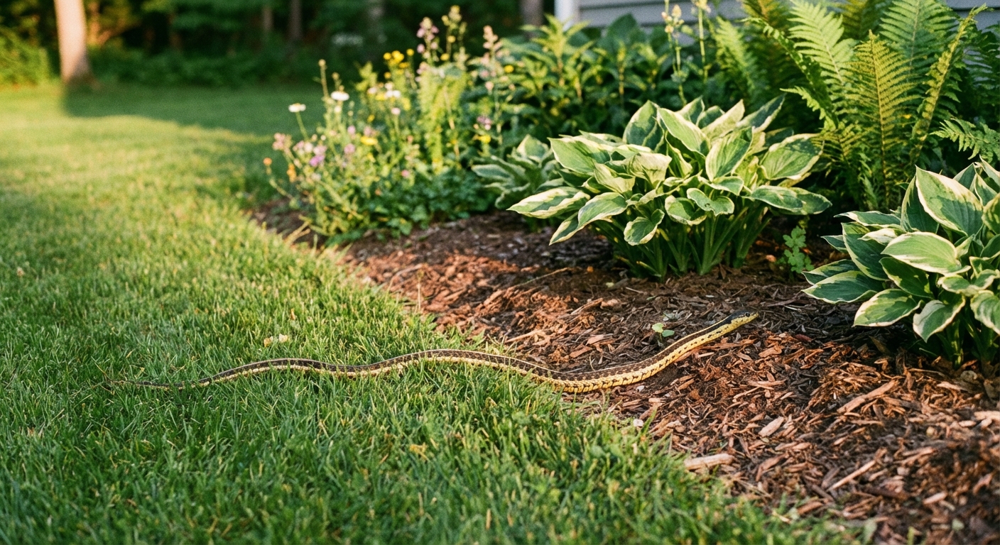 A garter snake stretched along the edge of a lawn next to a garden bed, photographed from a safe distance in soft afternoon light